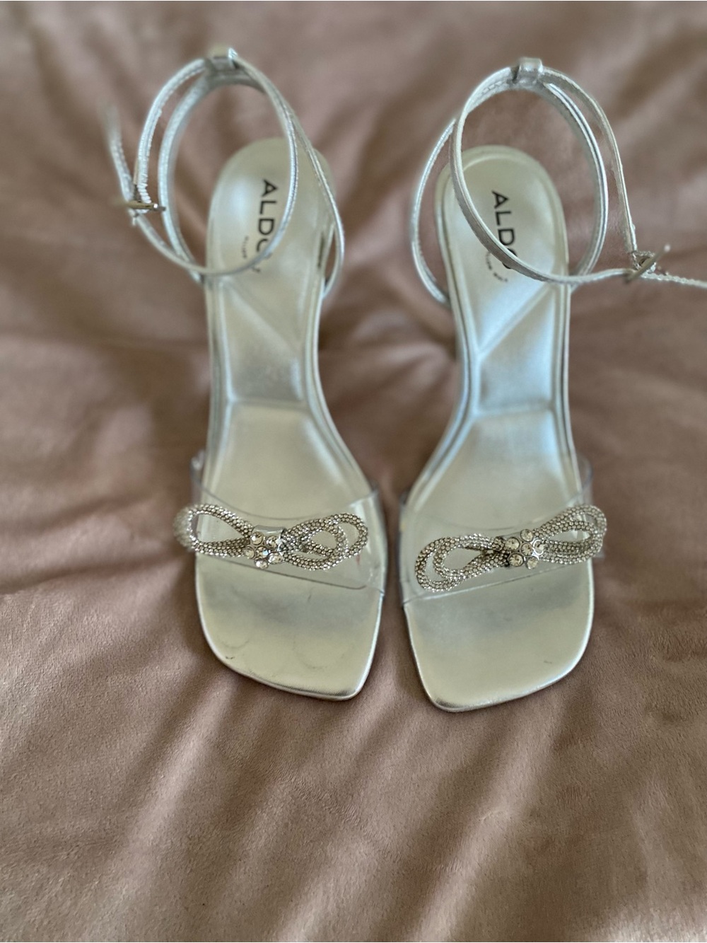 Aldo Silver Rhinestone Bow Ankle-Strap Heels